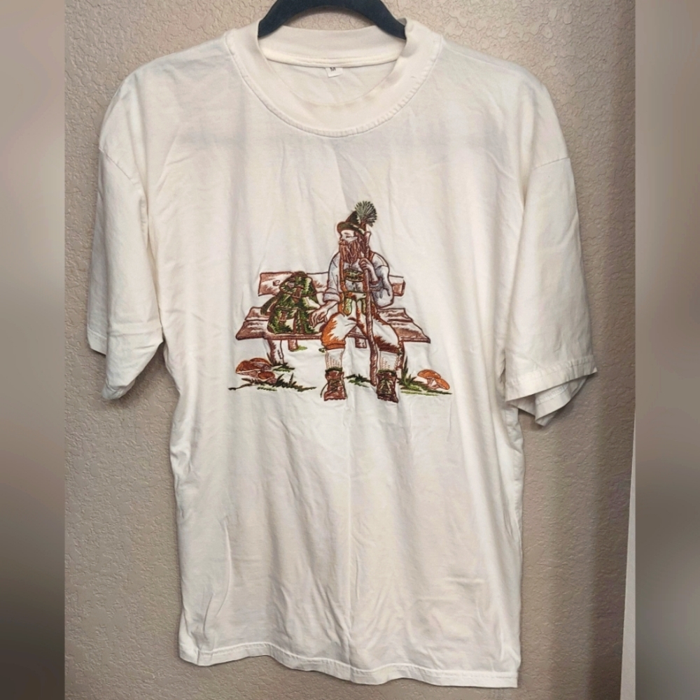 Vintage 90s Y2k Embroidered Nordic Mushroom White T-Shirt Unisex Size Medium 🍄